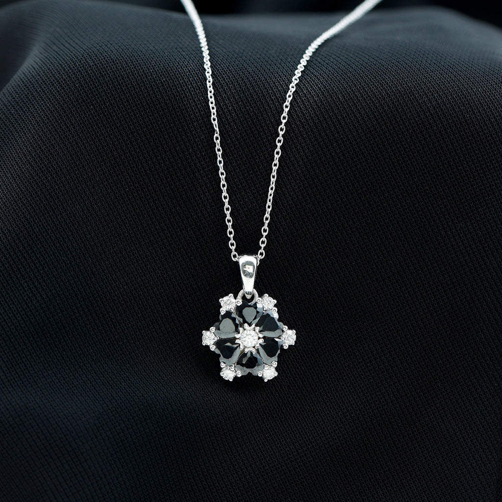 Natural Heart Shape Black Spinel Flower Pendant Necklace with Diamond