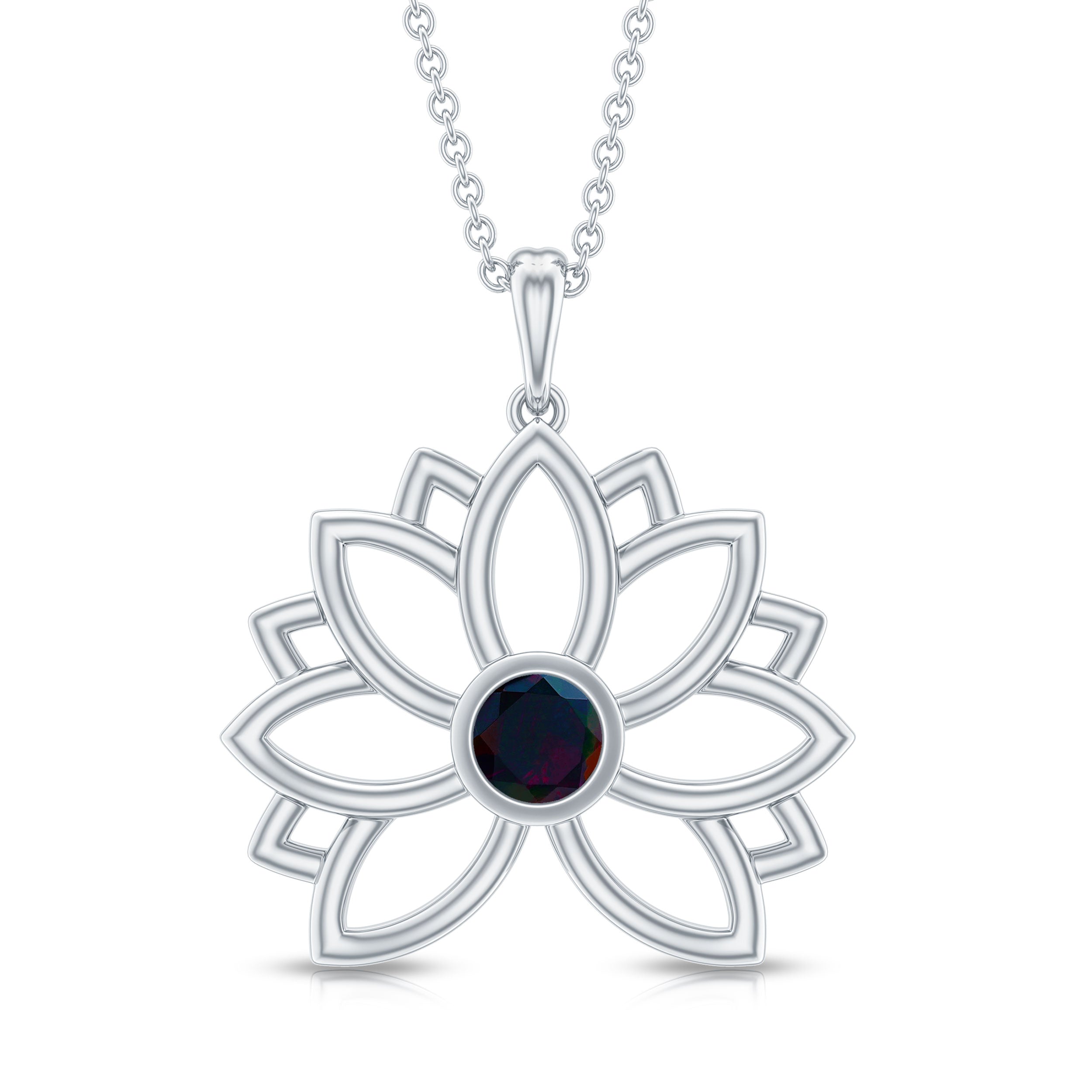 Natural Black Opal Flower Pendant Necklace for Women