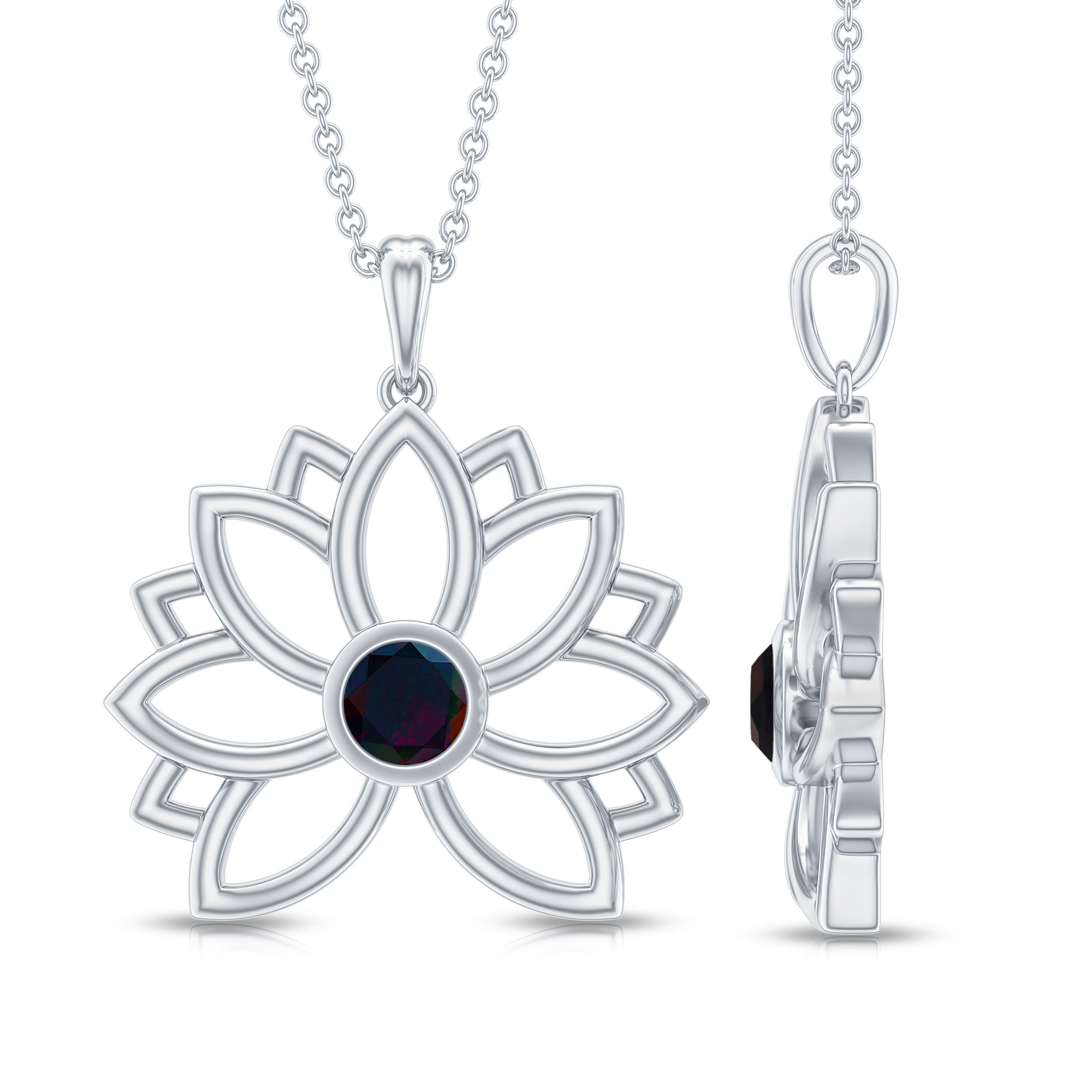 Natural Black Opal Flower Pendant Necklace for Women