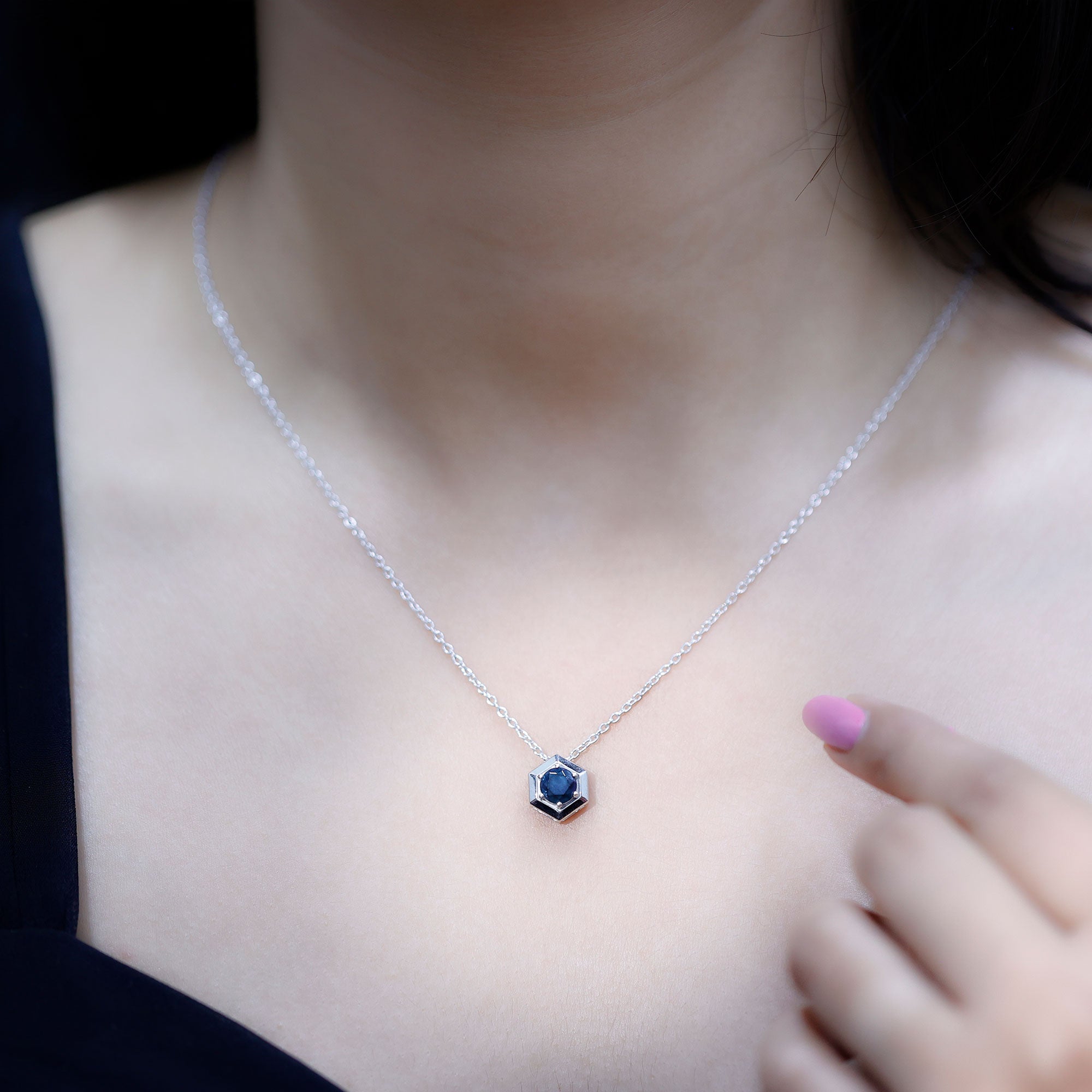 Natural Black Opal Hexagon Pendant Necklace With Chain