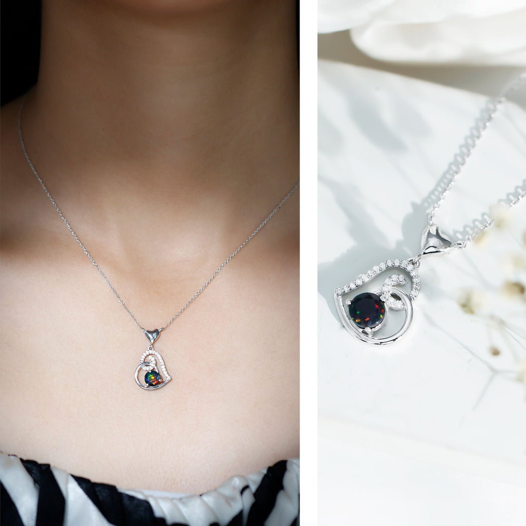 Genuine Black Opal and Moissanite Heart Drop Necklace
