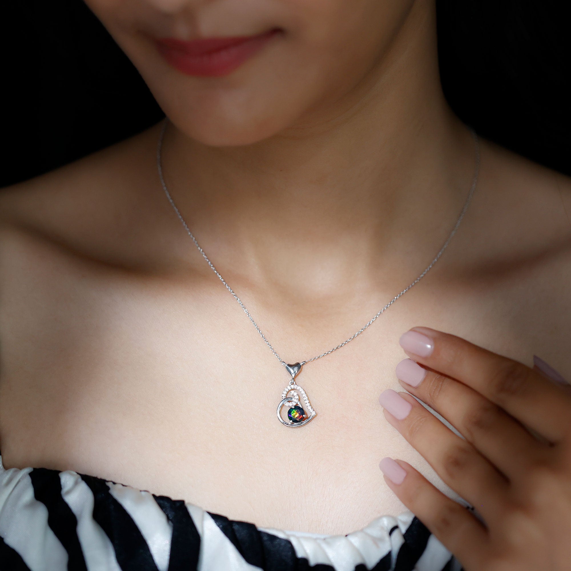 Genuine Black Opal and Moissanite Heart Drop Necklace