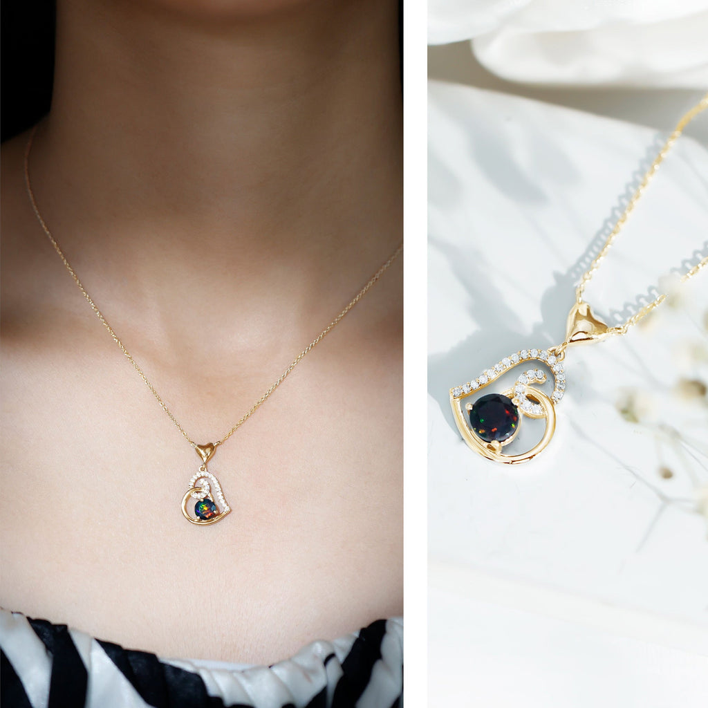 Genuine Black Opal and Moissanite Heart Drop Necklace