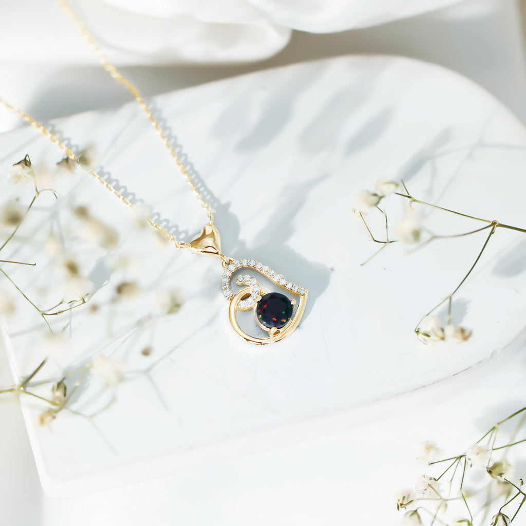 Genuine Black Opal and Moissanite Heart Drop Necklace