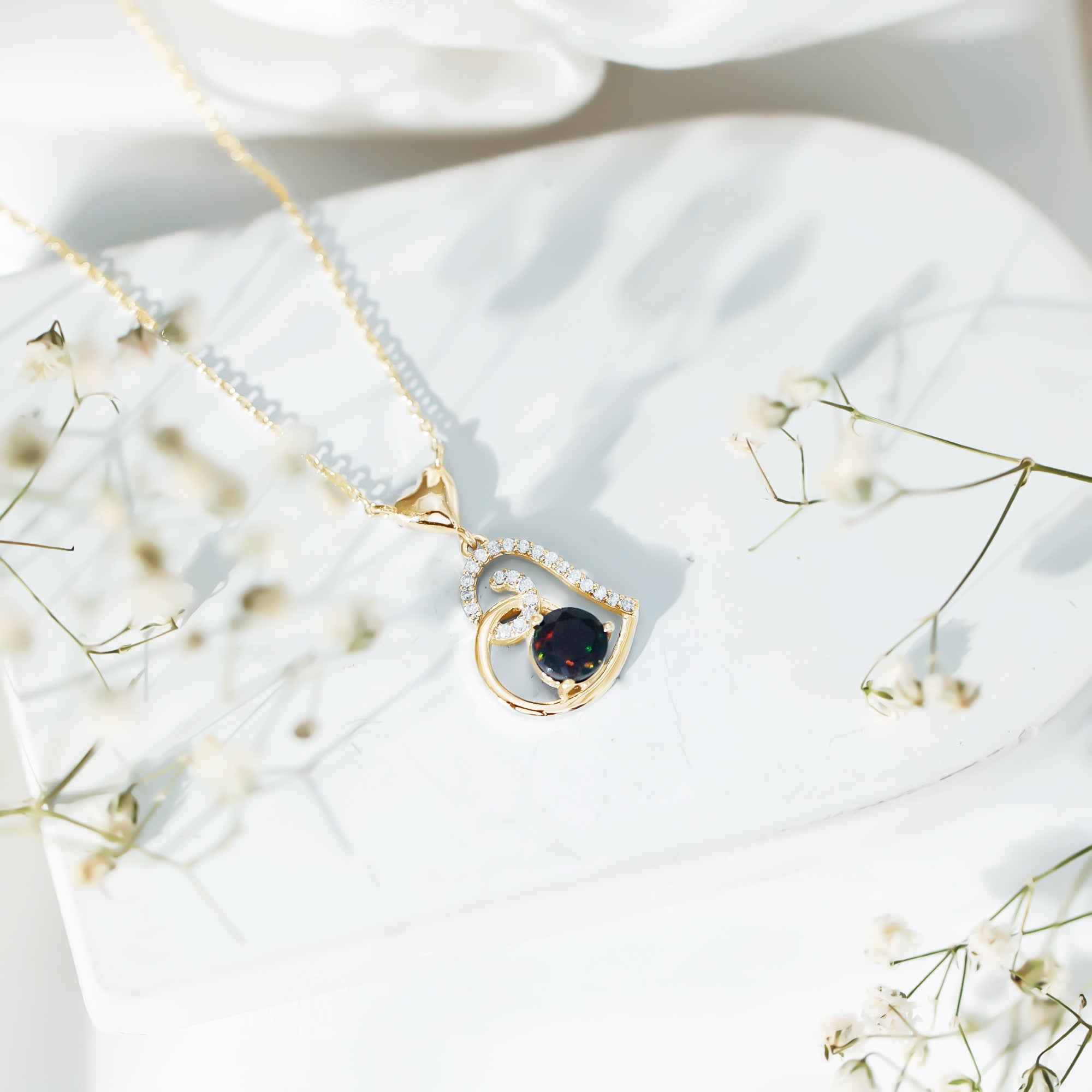 Genuine Black Opal and Moissanite Heart Drop Necklace