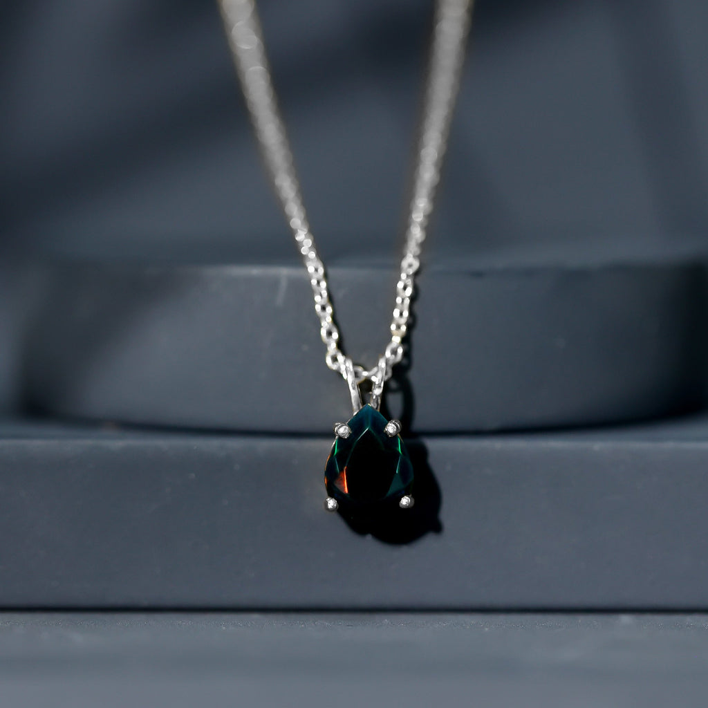 Natural Solitaire Black Opal Teardrop Necklace With Chain