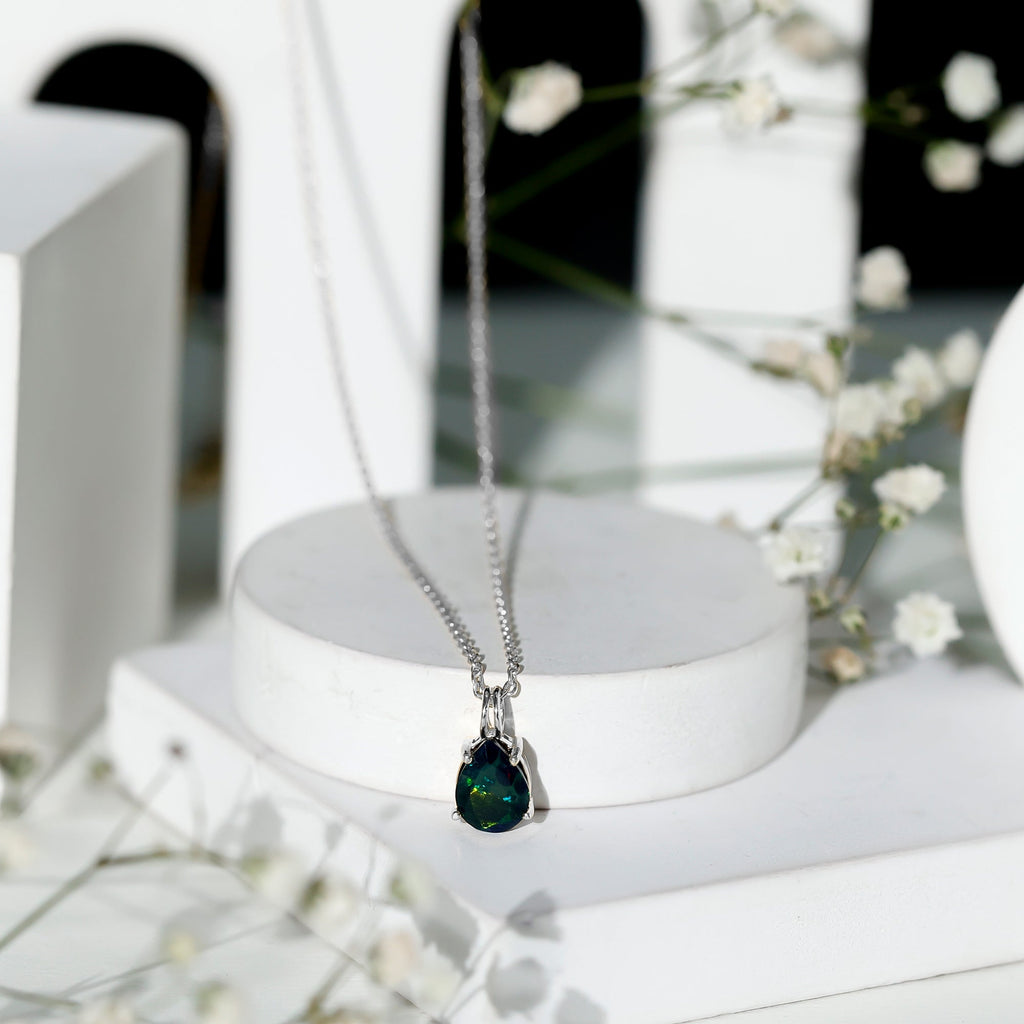 Natural Solitaire Black Opal Teardrop Necklace With Chain