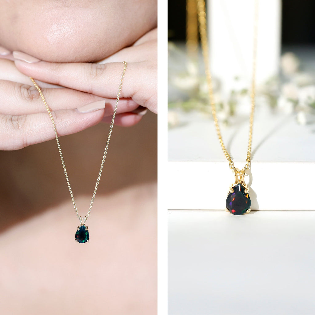 Natural Solitaire Black Opal Teardrop Necklace With Chain