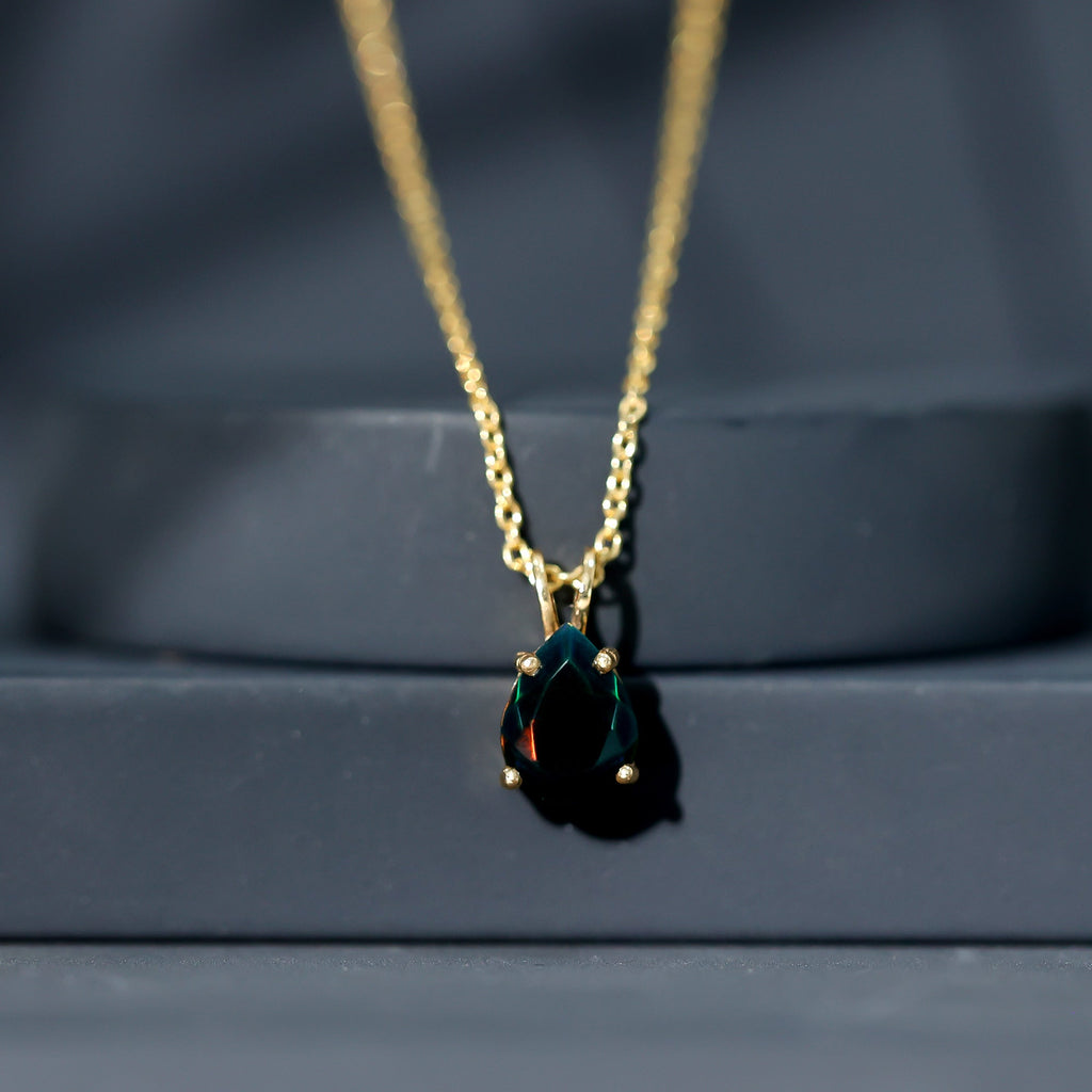 Natural Solitaire Black Opal Teardrop Necklace With Chain
