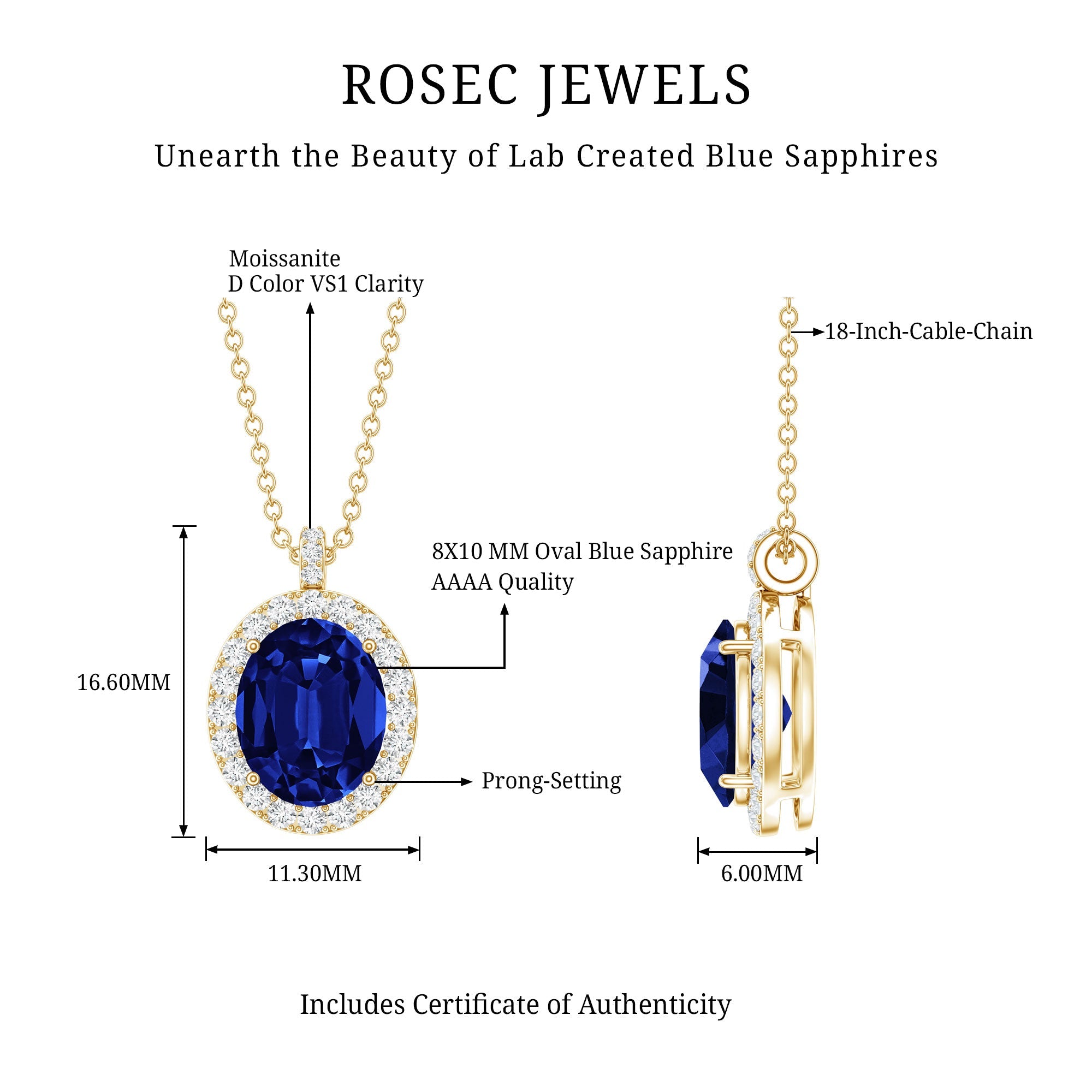 Oval Cut Created Blue Sapphire Statement Necklace With Chain