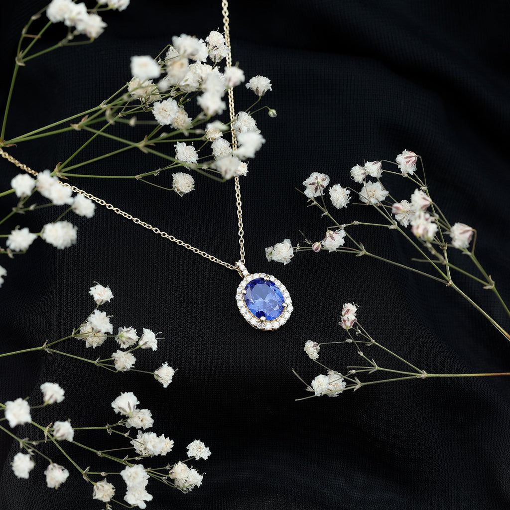 Oval Cut Created Blue Sapphire Statement Necklace With Chain