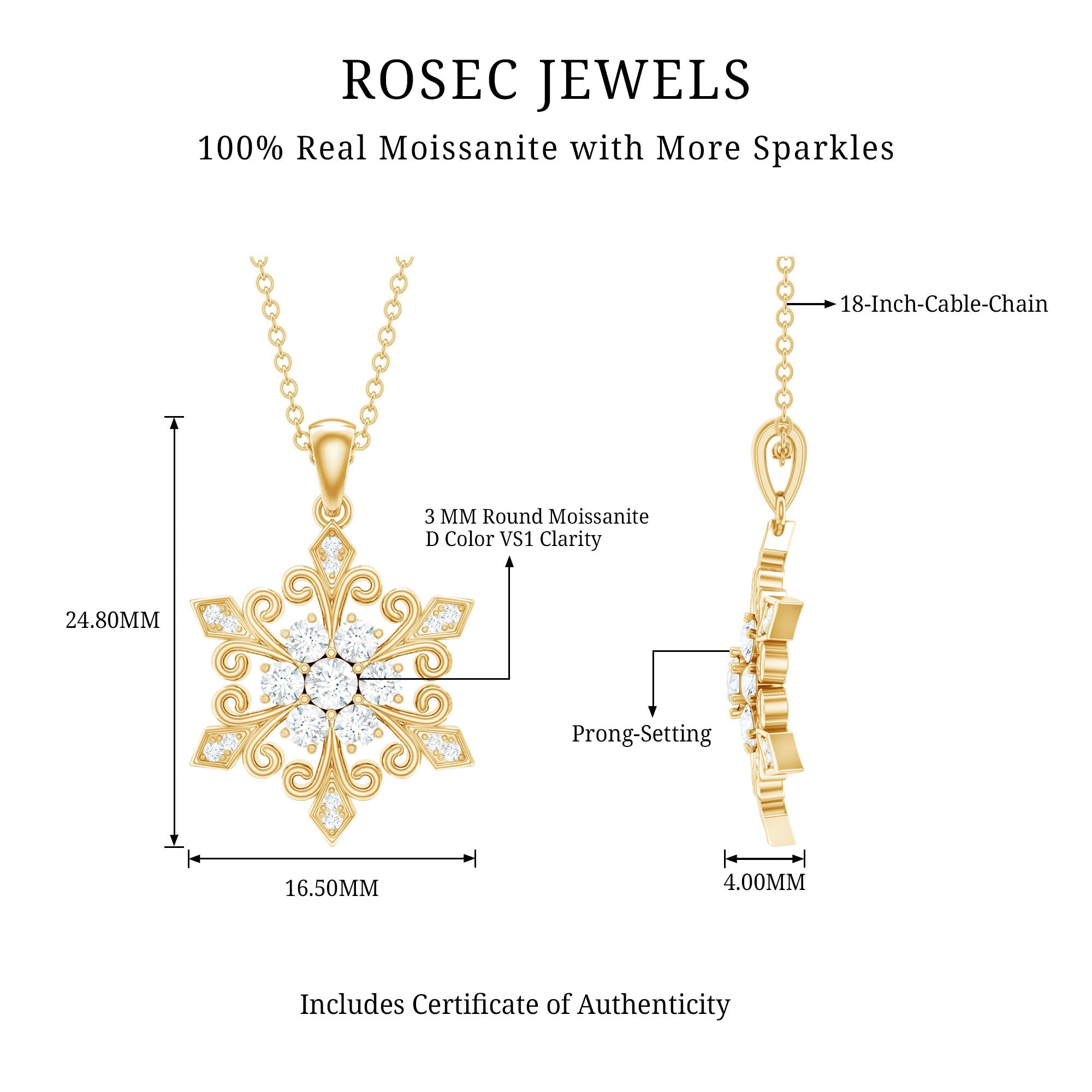 Vintage Inspired Moissanite Snowflake Pendant Necklace
