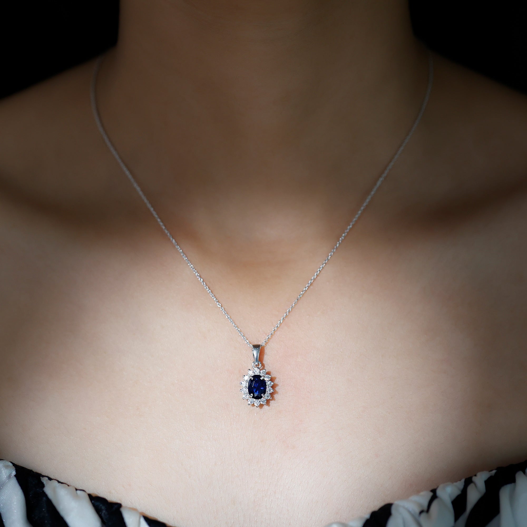 1.5 Carat Oval Shape Lab Grown Blue Sapphire Princess Diana Inspired Necklace