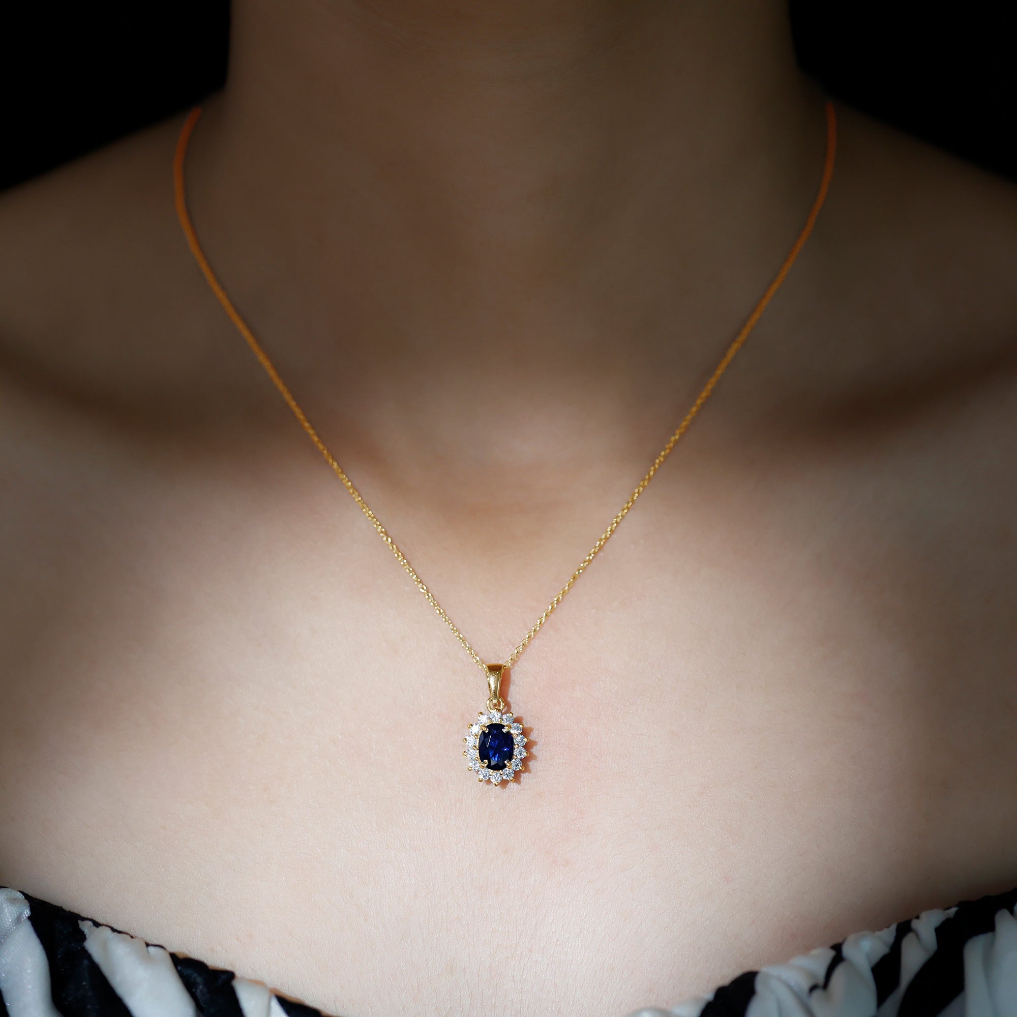 1.5 Carat Oval Shape Lab Grown Blue Sapphire Princess Diana Inspired Necklace