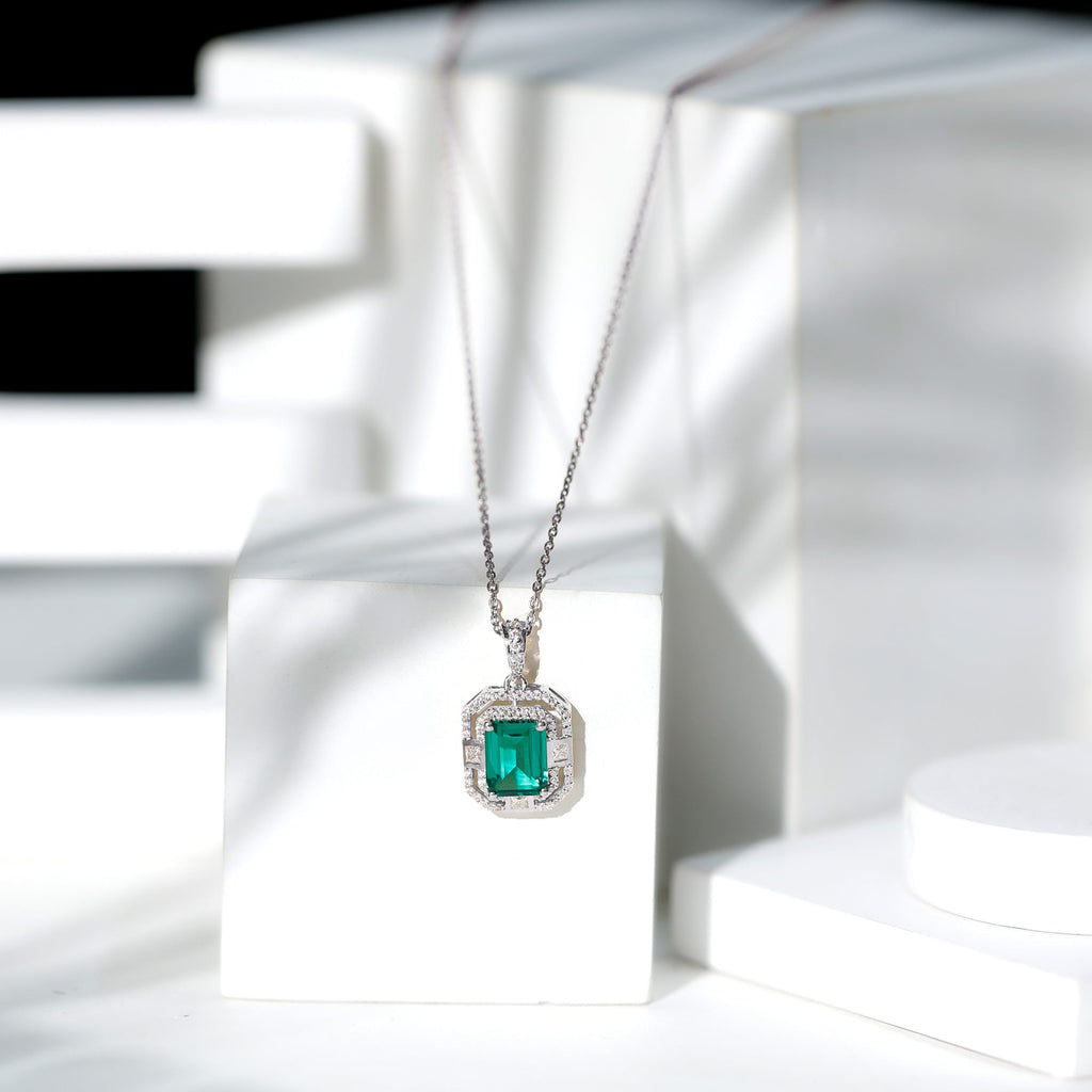 Octagon Cut Lab Created Emerald Vintage Necklace With Chain