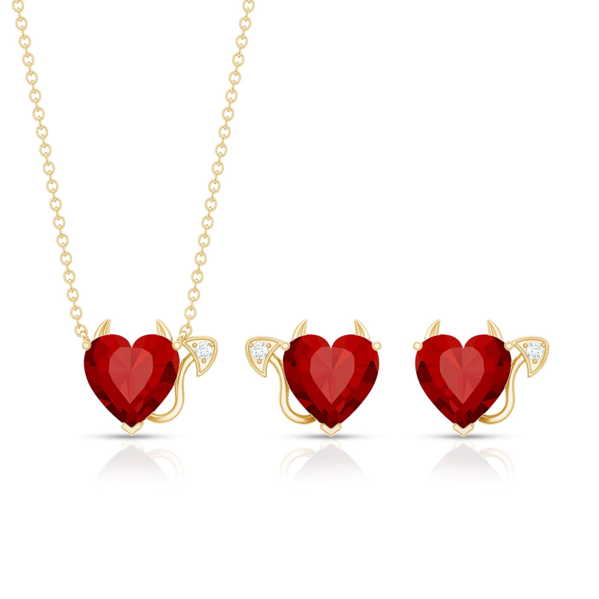 Lab Grown Ruby Heart Necklace And Earrings Set With Diamond