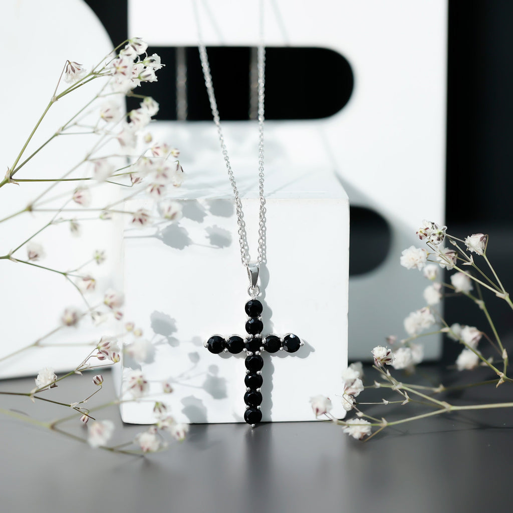 Natural Black Onyx Cross Pendant Necklace for Women