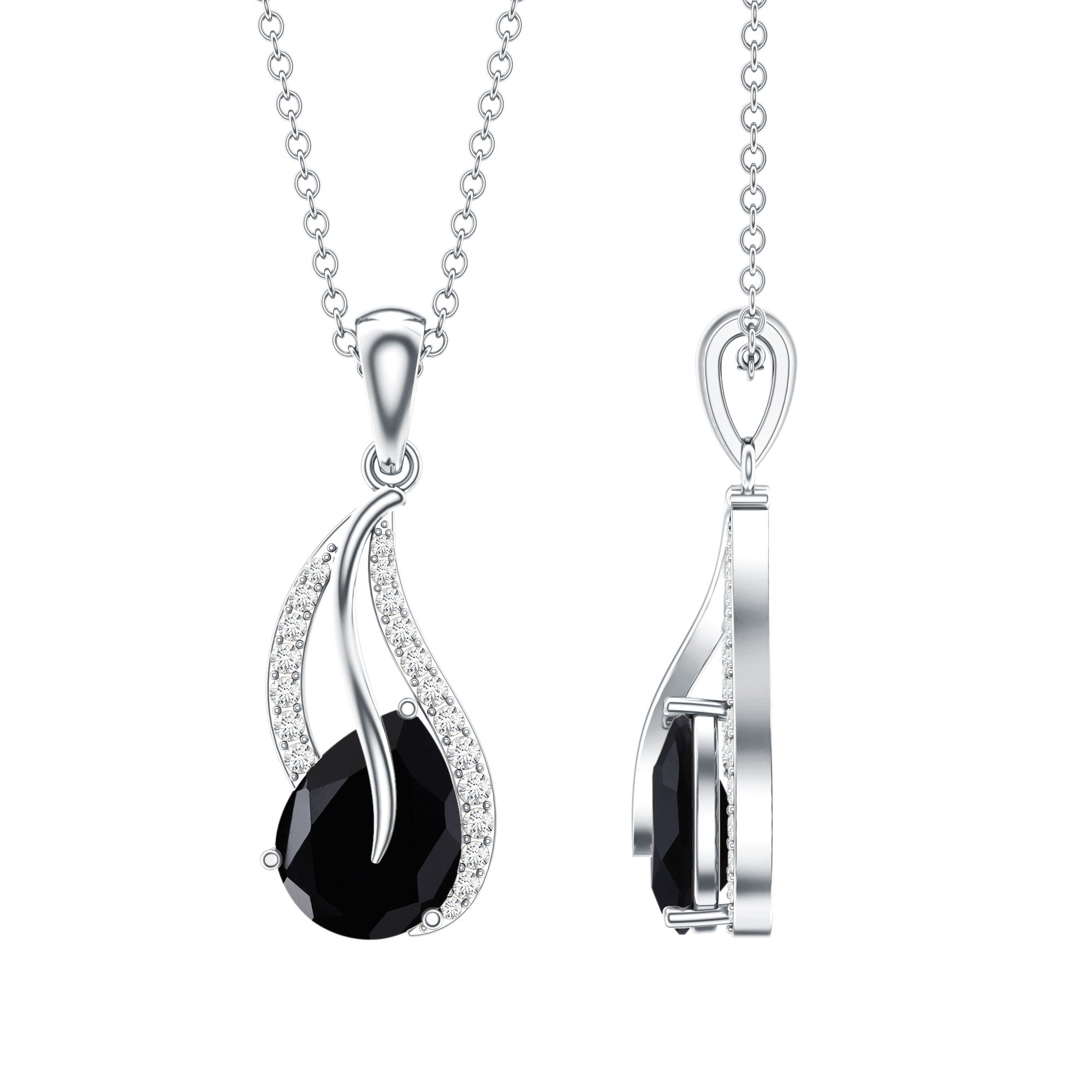 Pear Shaped Black Onyx and Diamond Leaf Pendant Necklace