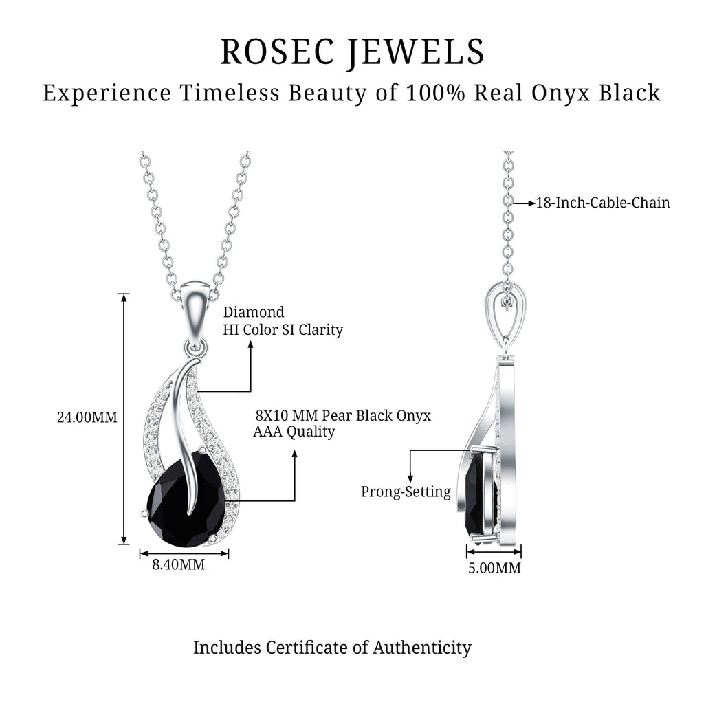 Pear Shaped Black Onyx and Diamond Leaf Pendant Necklace