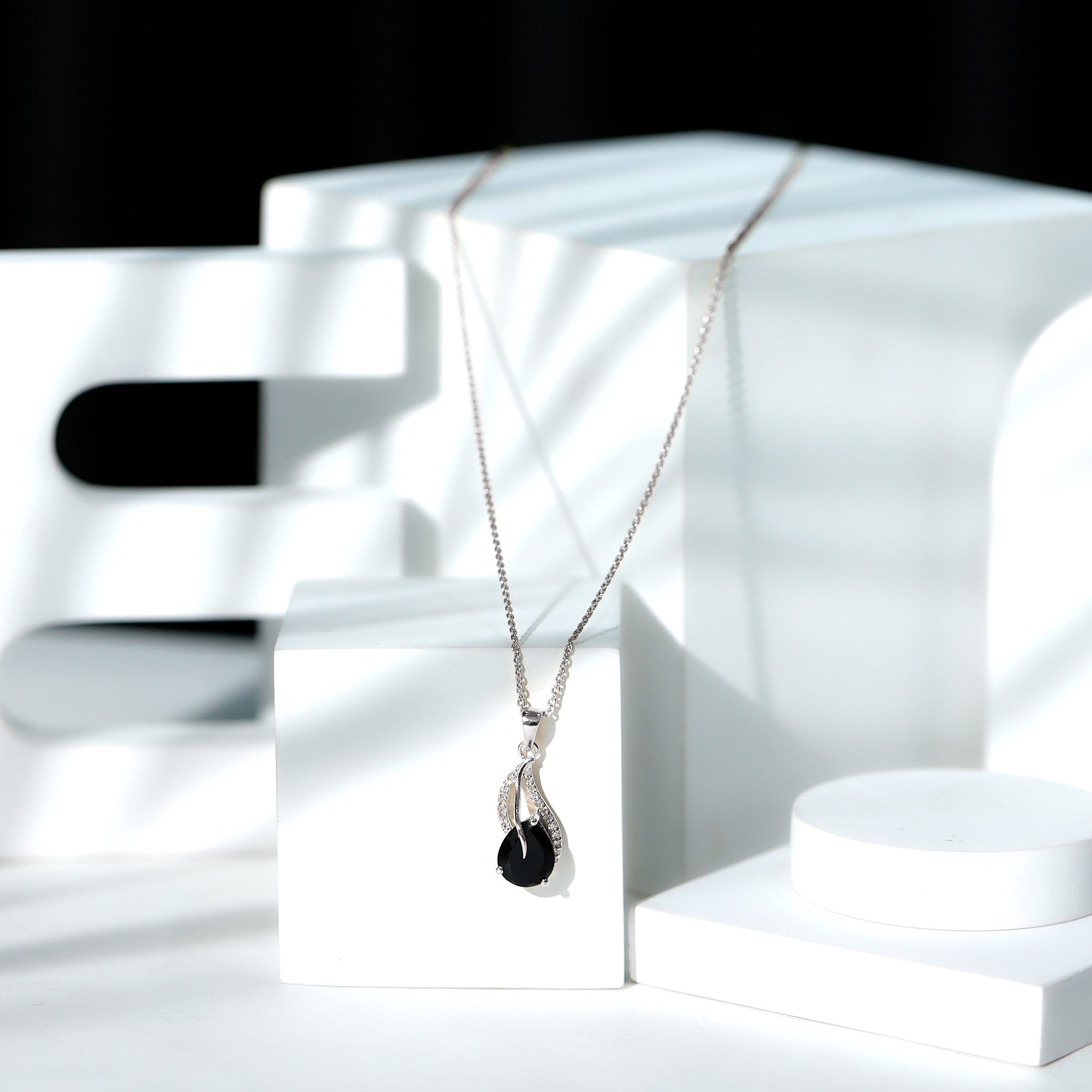 Pear Shaped Black Onyx and Diamond Leaf Pendant Necklace