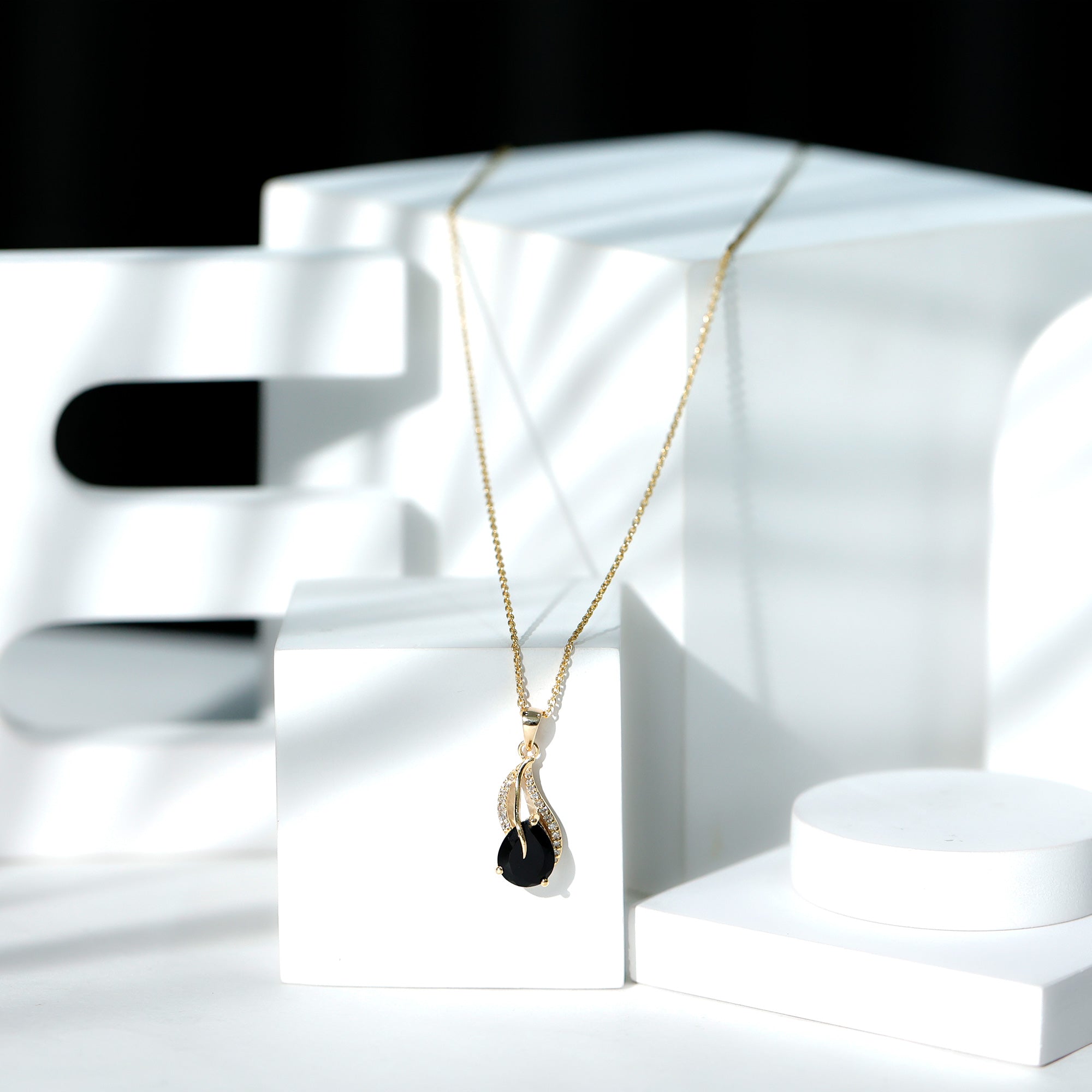 Pear Shaped Black Onyx and Diamond Leaf Pendant Necklace
