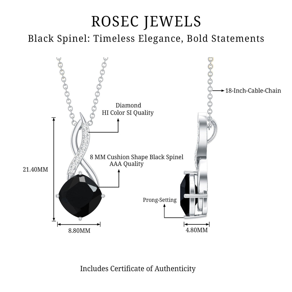 2 Carat Cushion Cut Black Spinel and Diamond Infinity Necklace