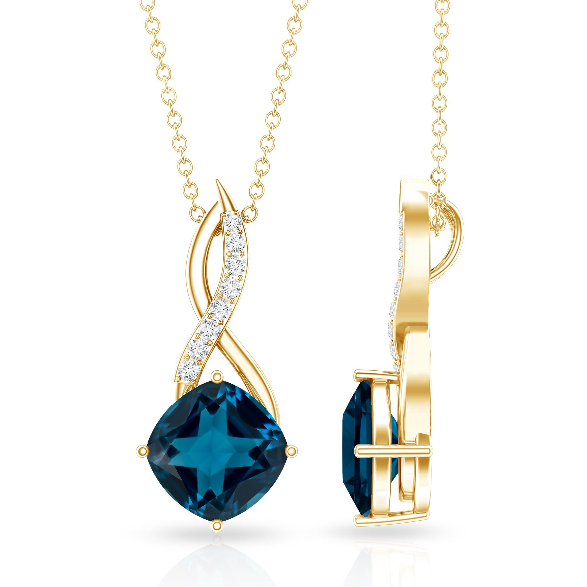 2.8 Carat Cushion Cut London Blue Topaz Infinity Pendant with Diamond