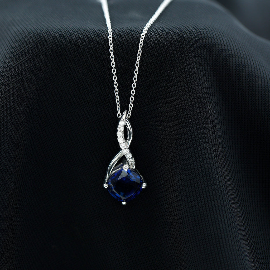 2.7 Carat Cushion Cut Lab Created Blue Sapphire Diamond Infinity Necklace