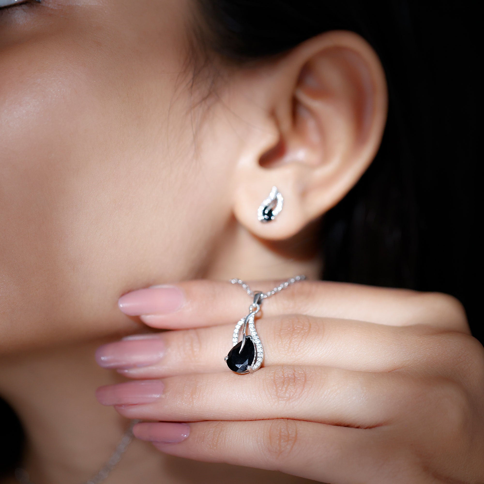 Pear Shaped Black Onyx Necklace and Earrings Set with Moissanite
