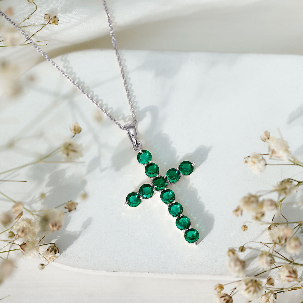 Certified Lab Grown Emerald Christian Cross Necklace With Chain