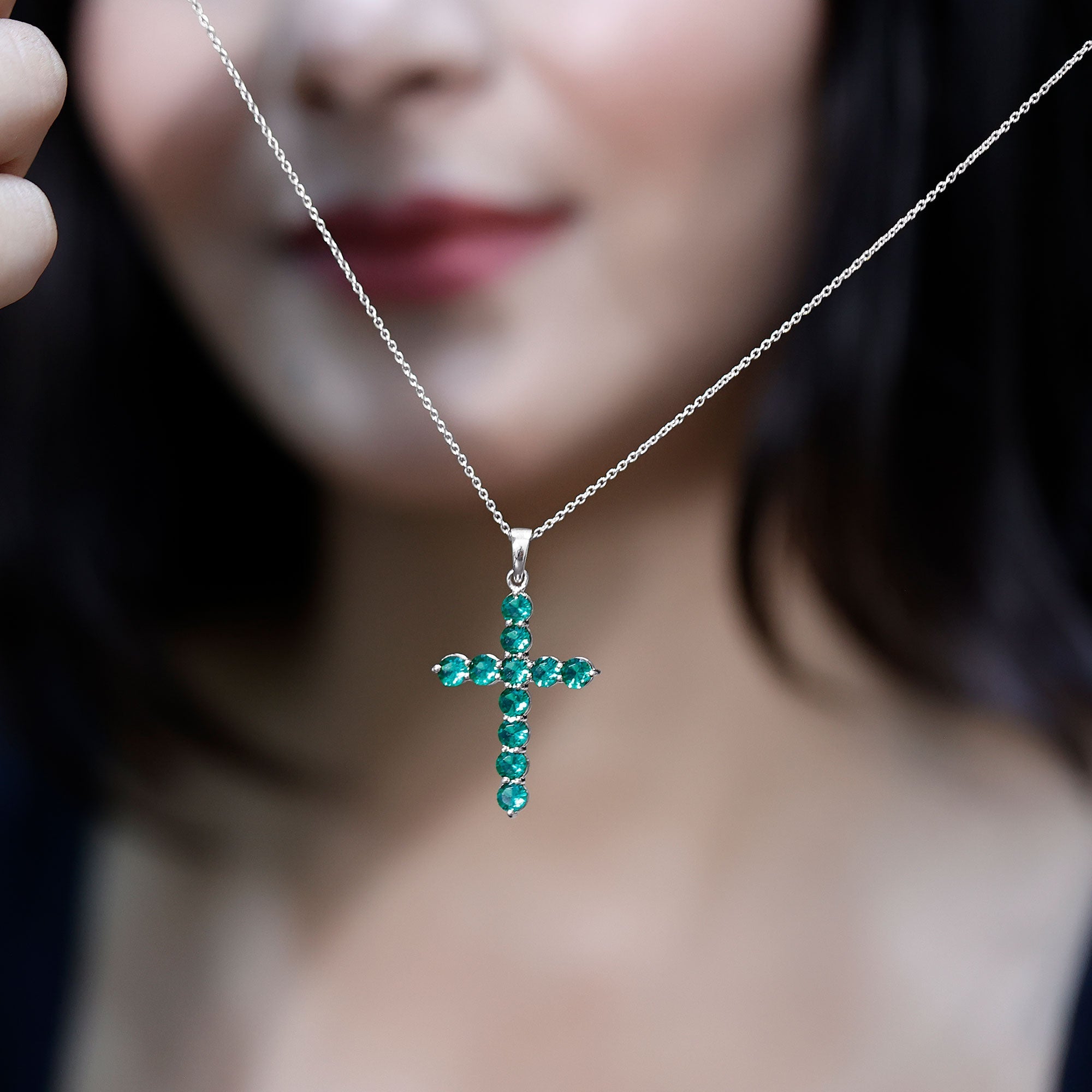 Certified Lab Grown Emerald Christian Cross Necklace With Chain