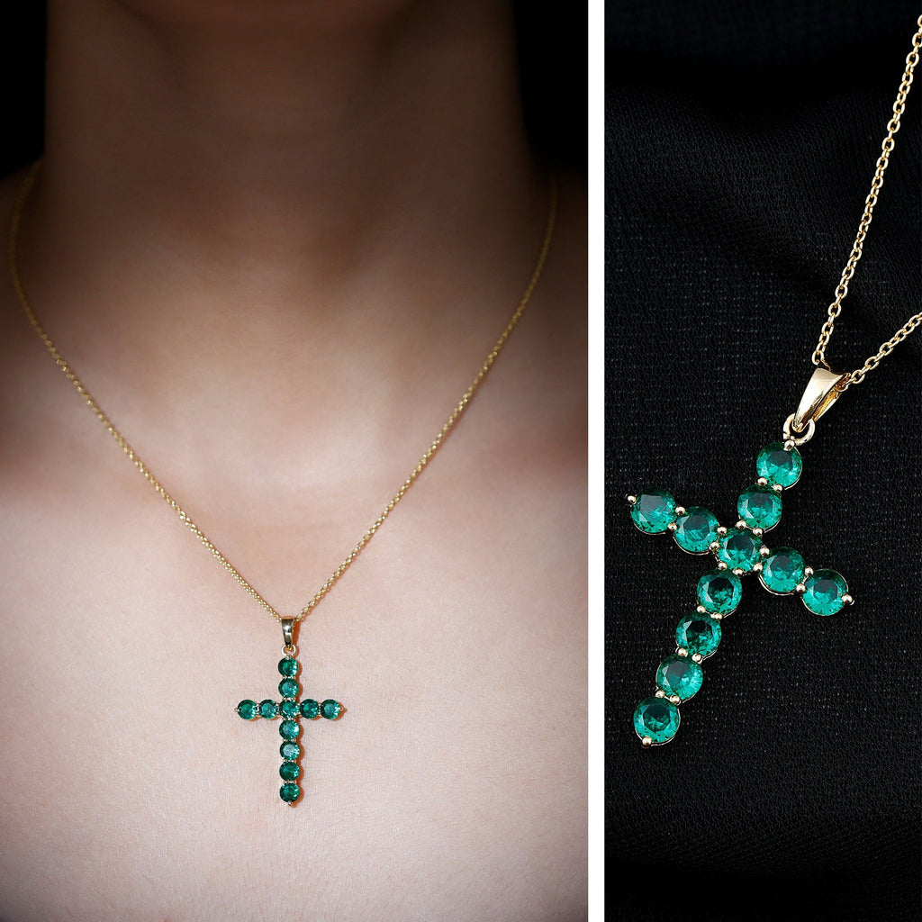 Certified Lab Grown Emerald Christian Cross Necklace With Chain