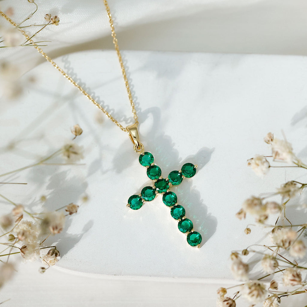 Certified Lab Grown Emerald Christian Cross Necklace With Chain