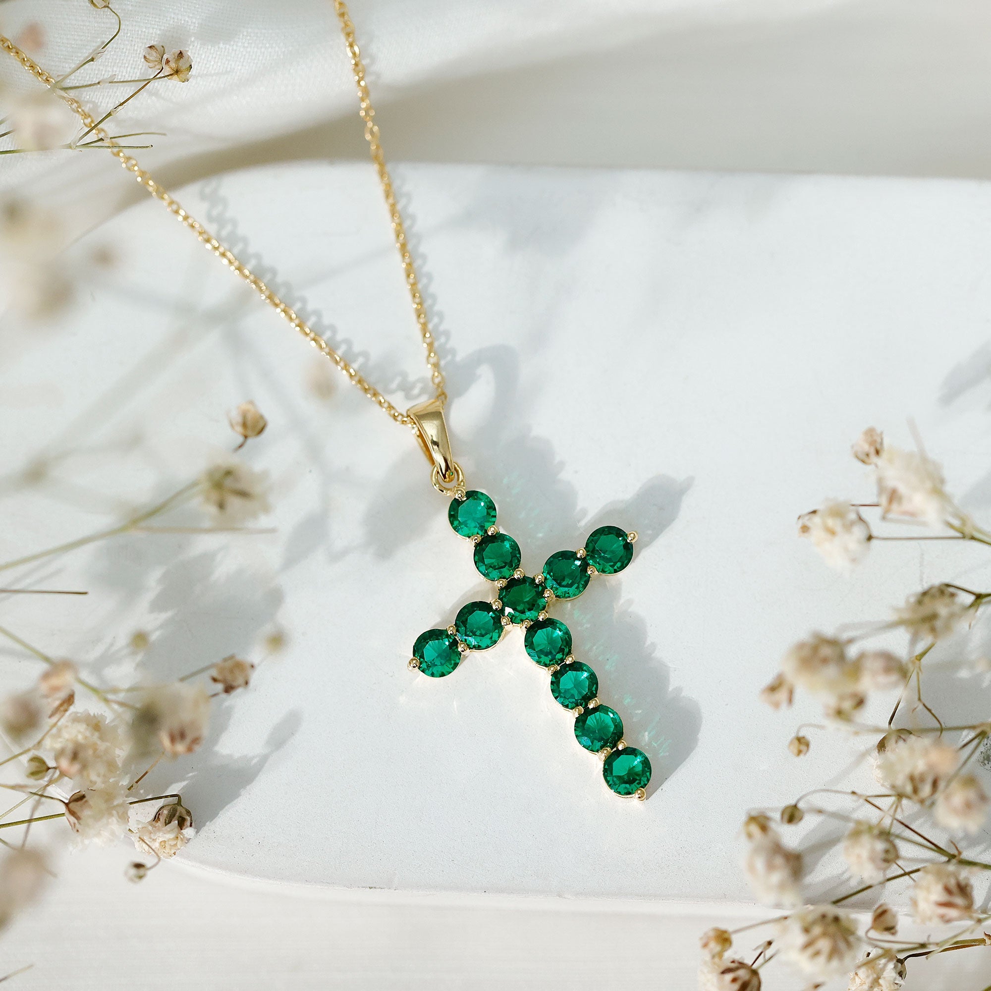 Certified Lab Grown Emerald Christian Cross Necklace With Chain