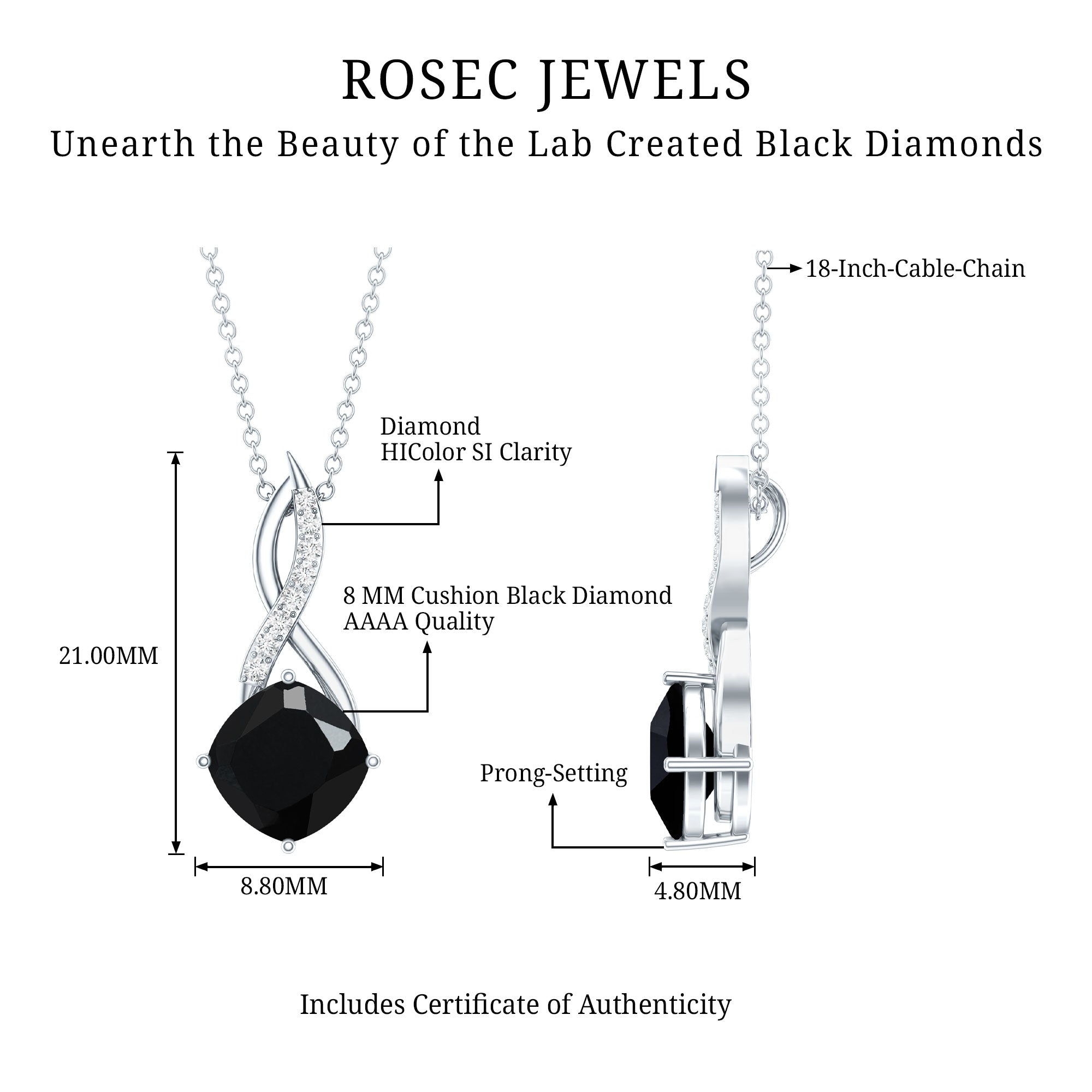 2.83 Carat Cushion Lab Grown Black Diamond Infinity Necklace