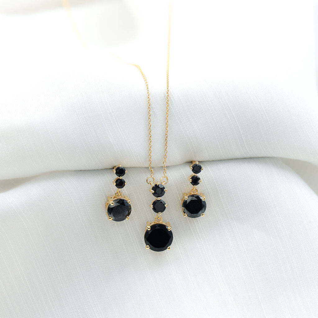 Genuine Black Onyx Three Stone Necklace With Earrings