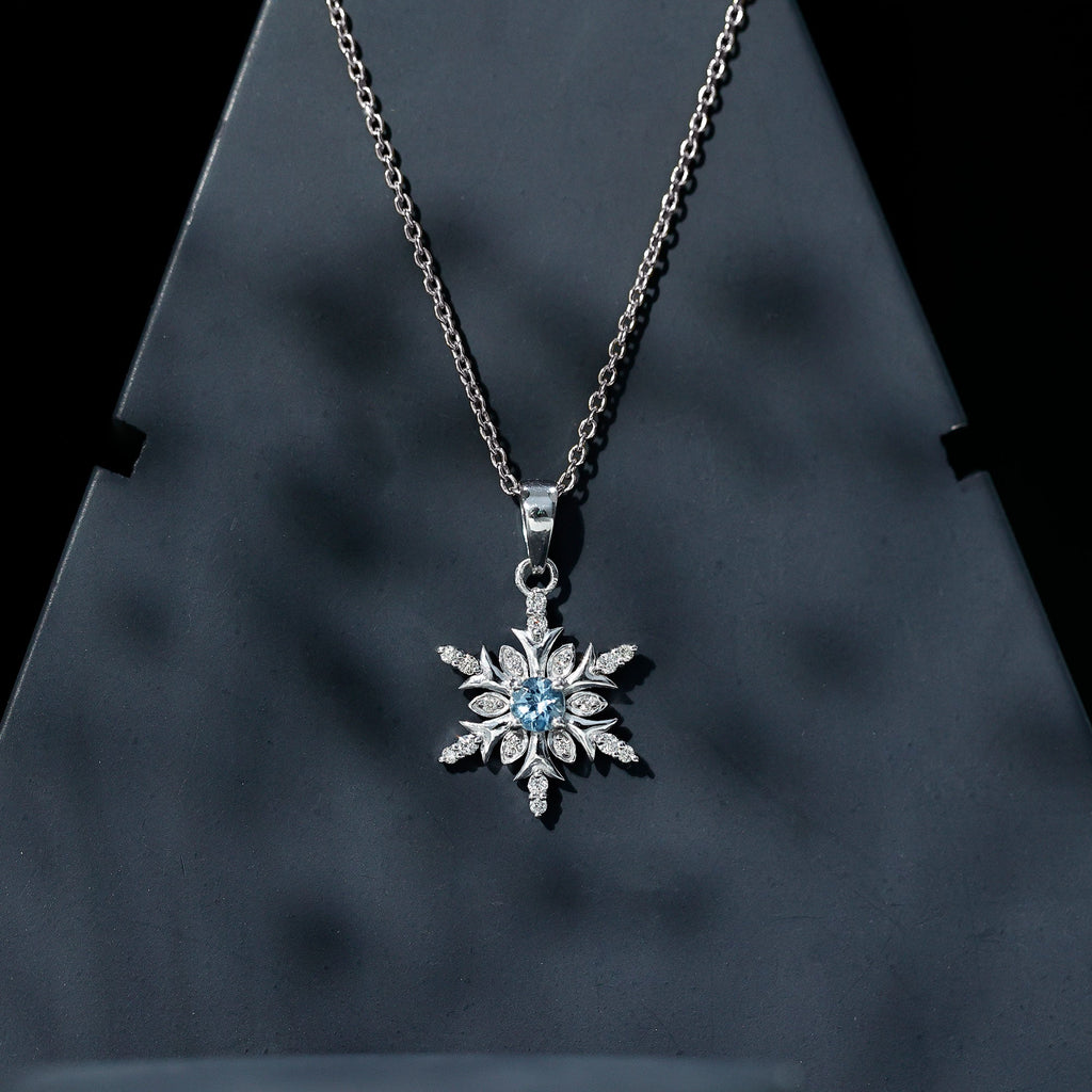 Aquamarine and Diamond Designer Snowflake Necklace With Chain
