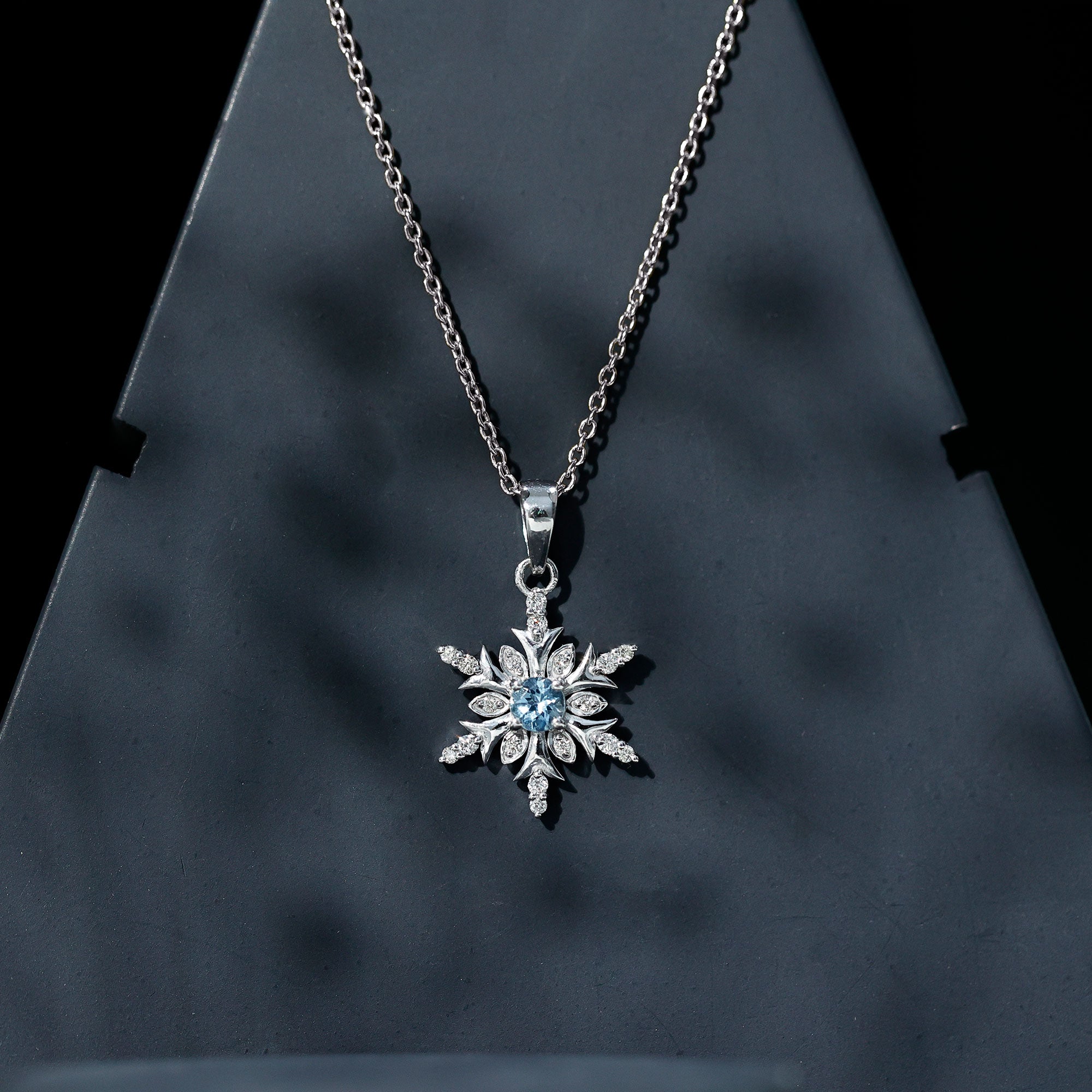 Aquamarine and Diamond Designer Snowflake Necklace With Chain