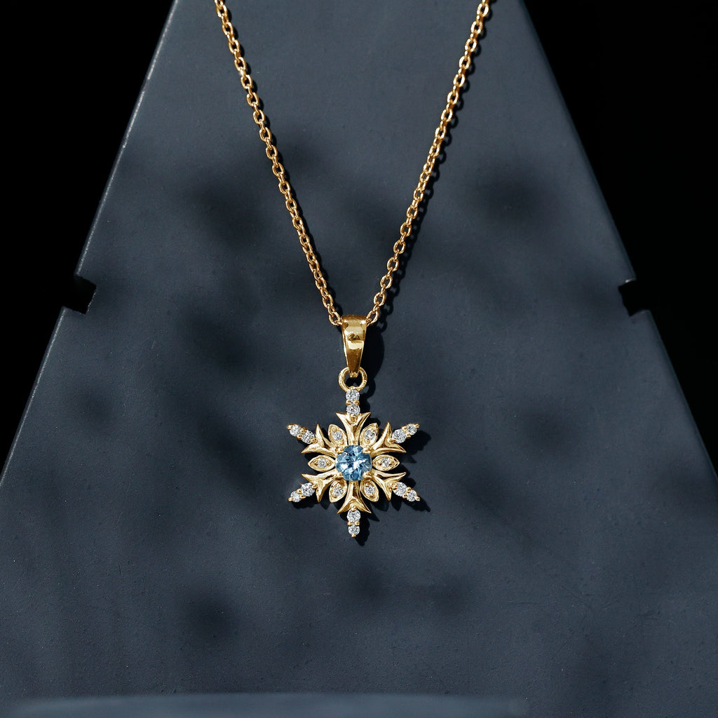 Aquamarine and Diamond Designer Snowflake Necklace With Chain