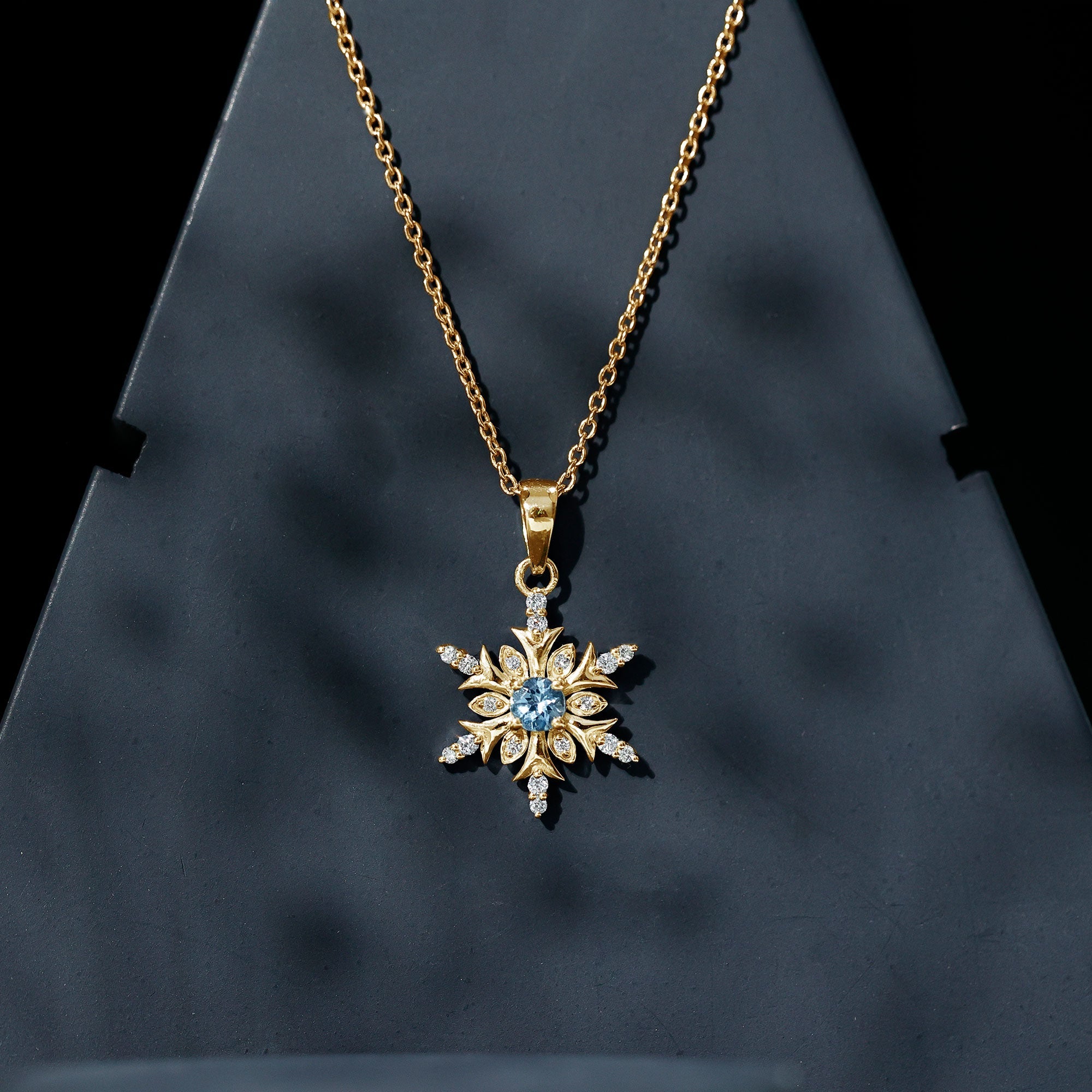 Aquamarine and Diamond Designer Snowflake Necklace With Chain