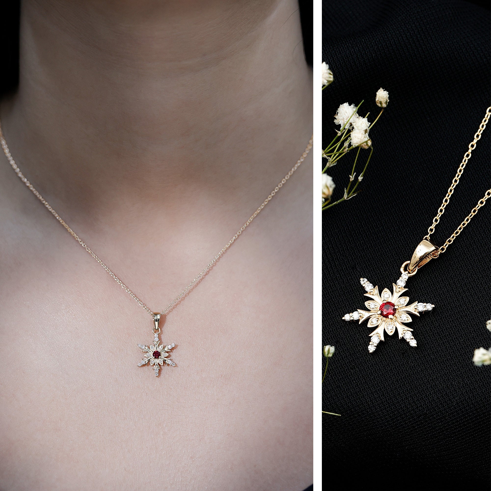 Lab Created Ruby Snowflake Pendant with Diamond Accent