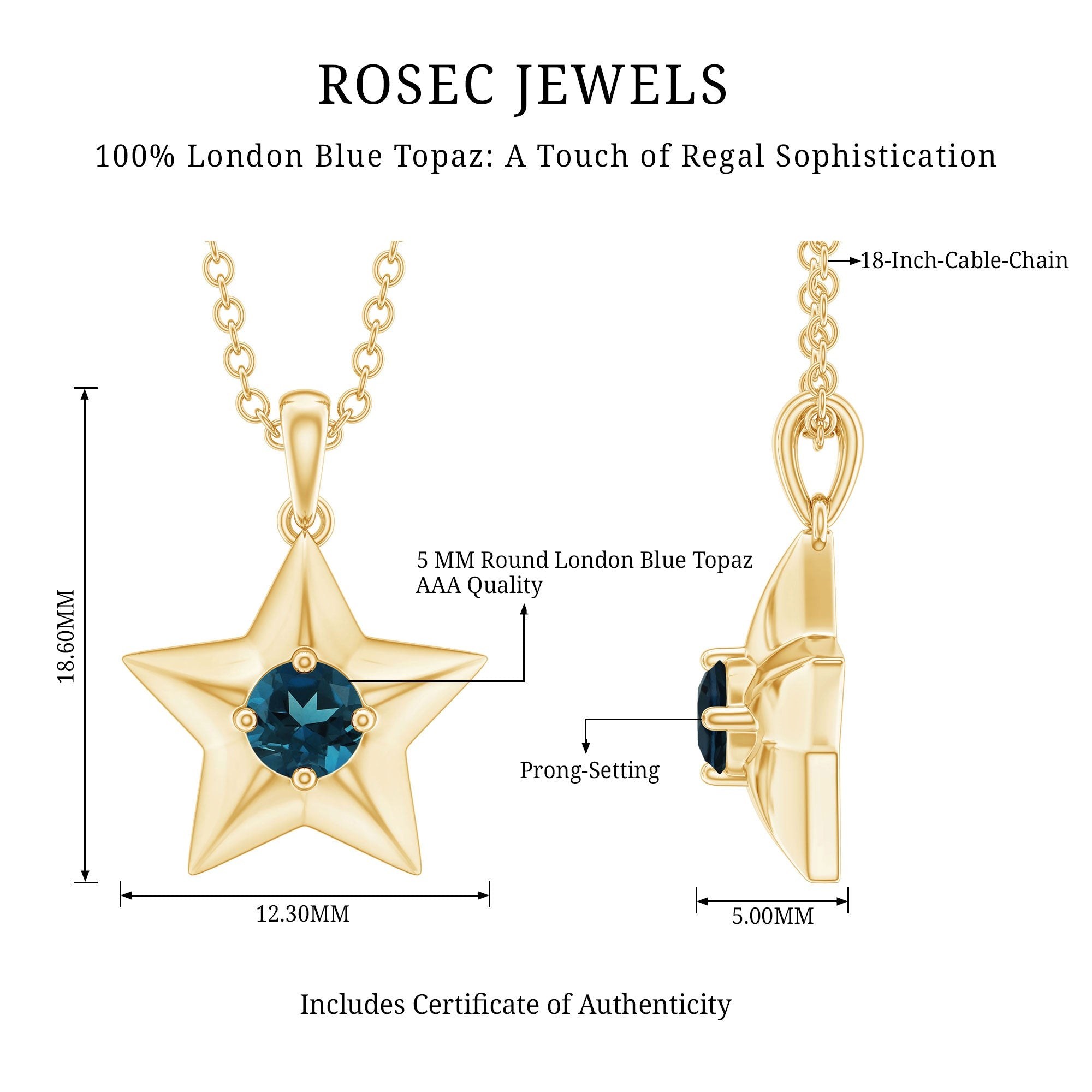 Real London Blue Topaz Star Pendant for Women