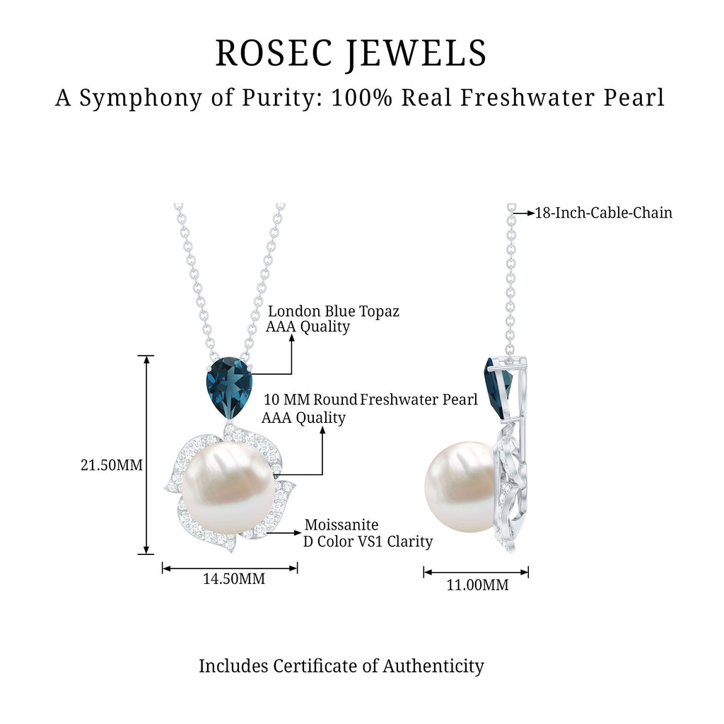 8 Carat Freshwater Pearl Designer Bridal Necklace with London Blue Topaz