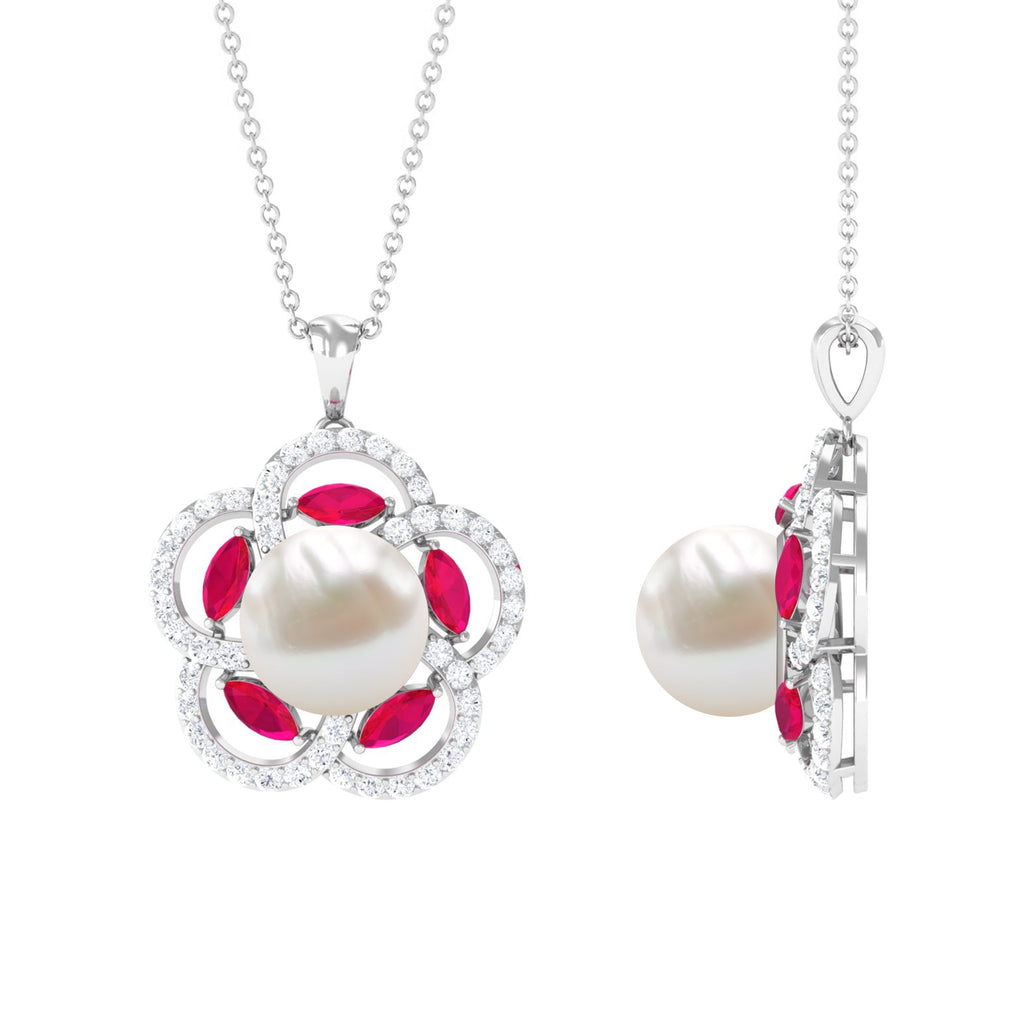 Freshwater Pearl Flower Pendant with Created Ruby and Moissanite