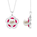 Freshwater Pearl Flower Pendant with Created Ruby and Moissanite