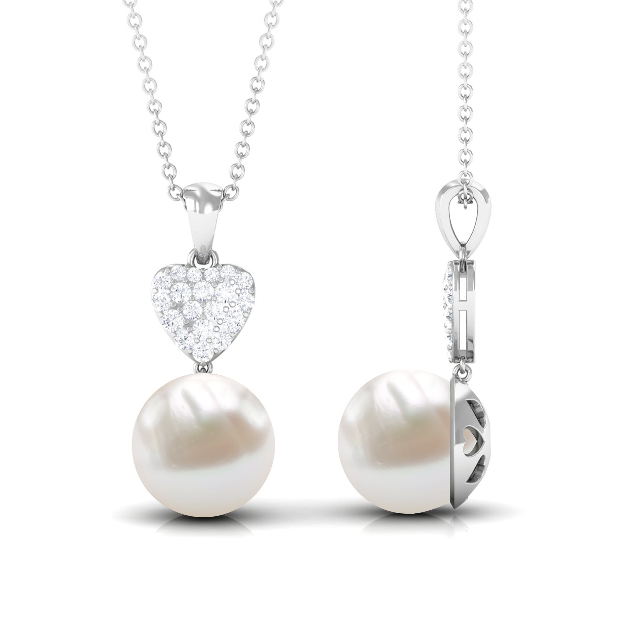8 CT Bead Set Freshwater Pearl and Diamond Heart Dangle Pendant Necklace
