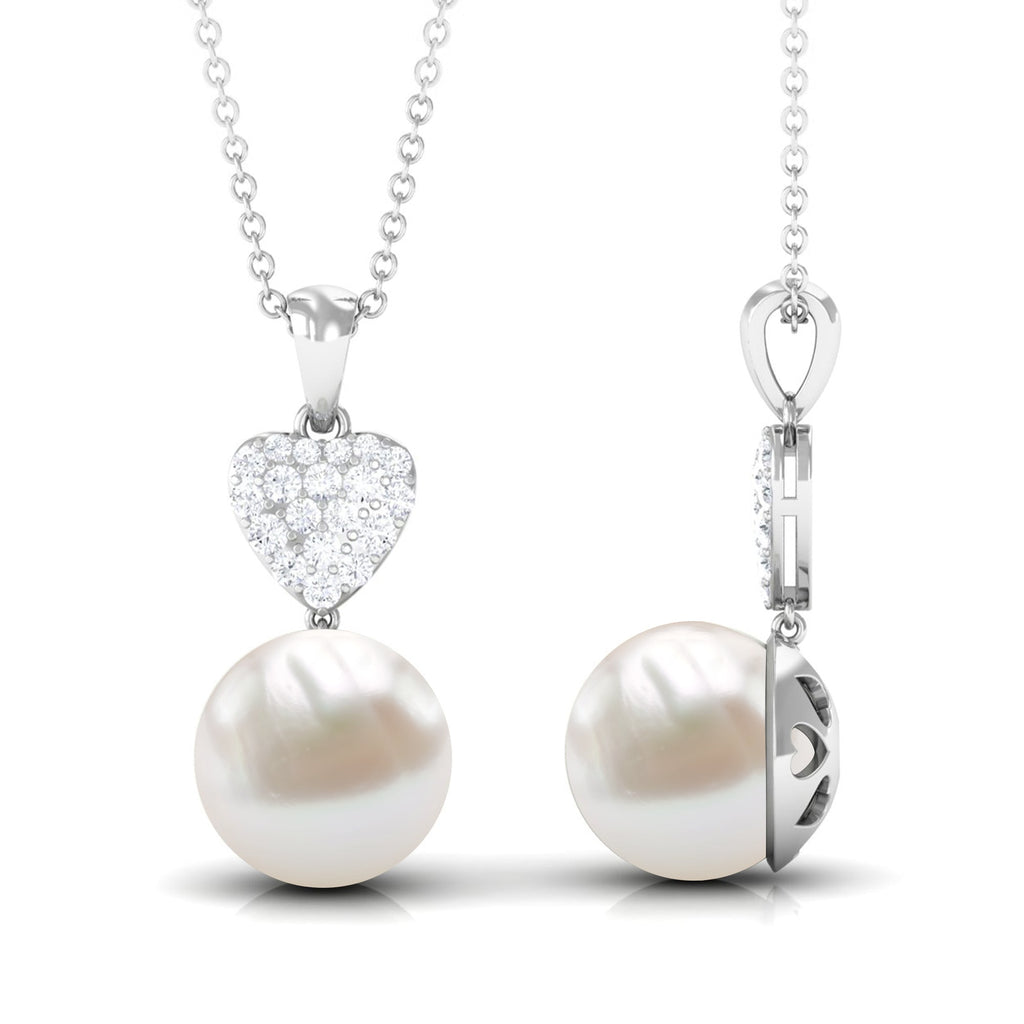 8 CT Bead Set Freshwater Pearl and Diamond Heart Dangle Pendant Necklace