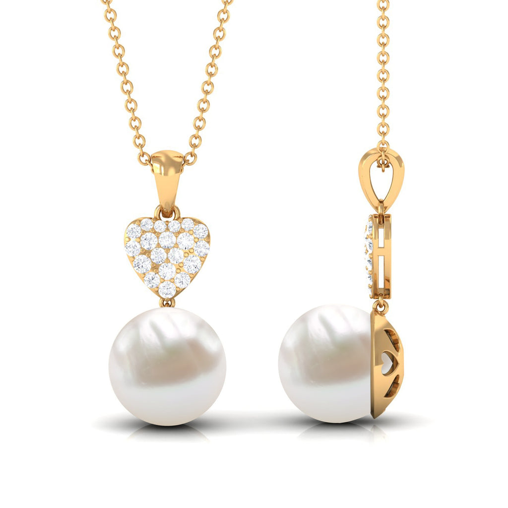 8 CT Bead Set Freshwater Pearl and Diamond Heart Dangle Pendant Necklace