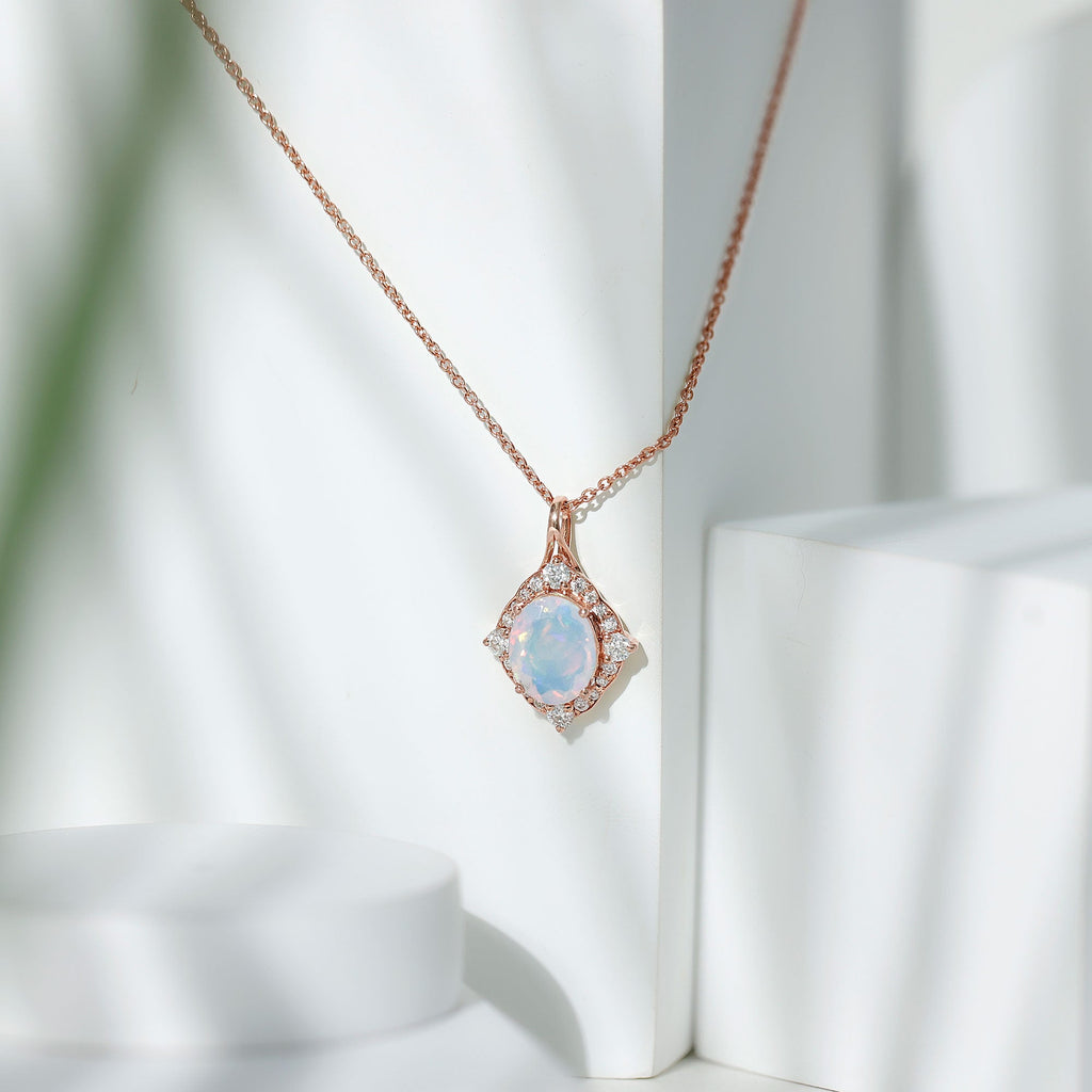 Vintage Inspired Oval Ethiopian Opal Halo Necklace with Chain