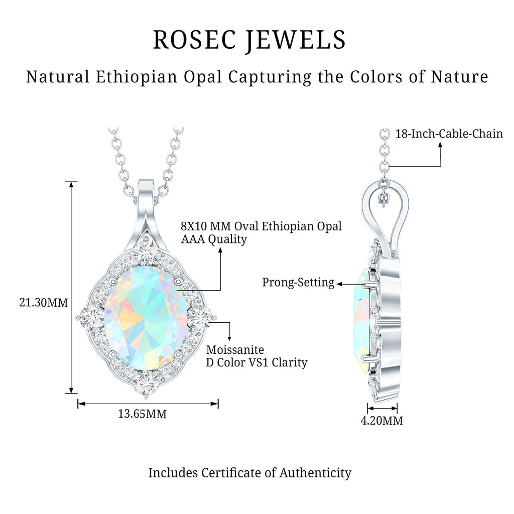 Vintage Inspired Oval Ethiopian Opal Halo Necklace with Chain